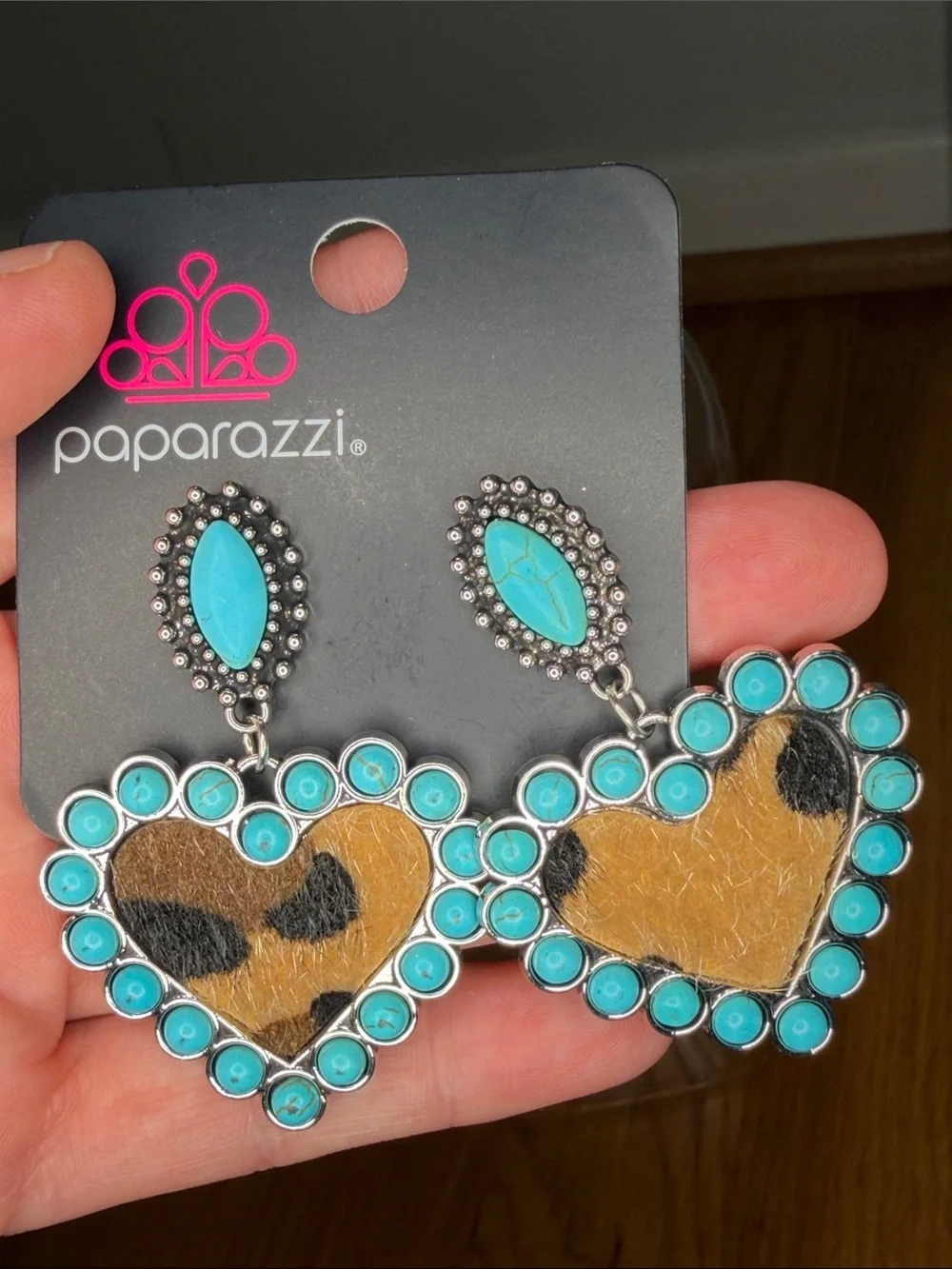 paparazzi Turquoise Heart Leopard Print Drop Earrings